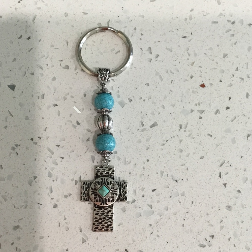 Turquoise Bead Cross Keychain - Silver Accent